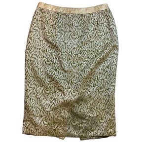 VERA WANG Vintage Gold Metallic Olive Leaf Pattern Knee Length Pencil Skirt 10